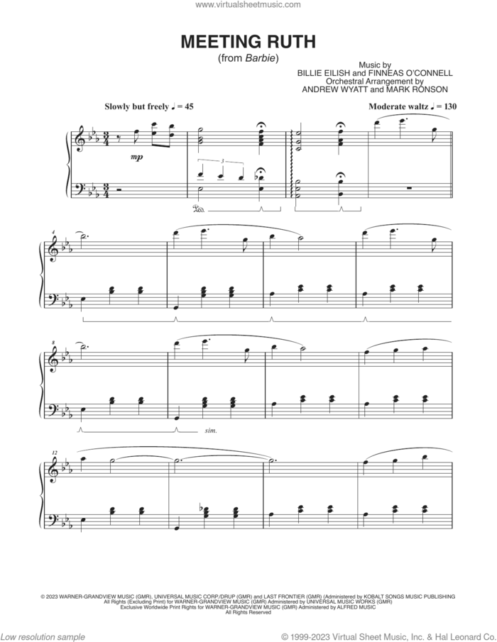 Meeting Ruth (from Barbie) sheet music for piano solo by Billie Eilish, Andrew Wyatt, Mark Ronson and Mark Ronson and Andrew Wyatt, intermediate skill level