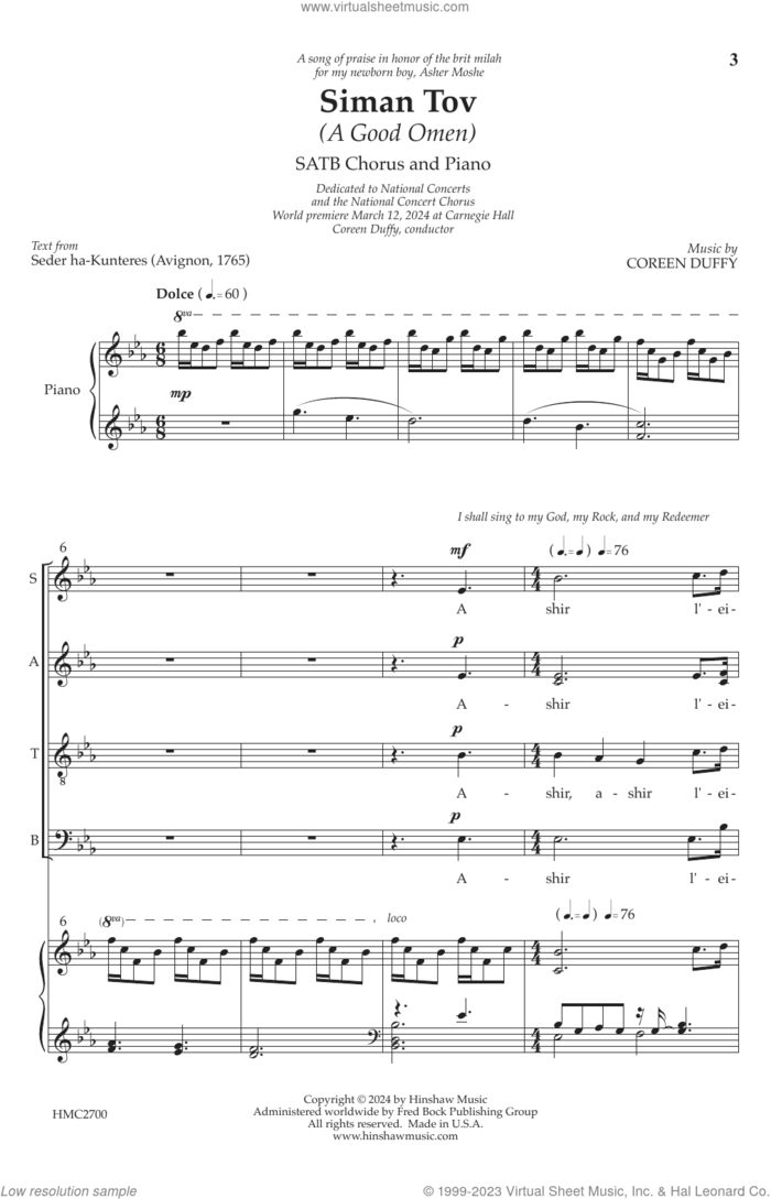 Siman Tov (A Good Omen) sheet music for choir (SATB: soprano, alto, tenor, bass) by Coreen Duffy and Seder ha-Kunteres (Avignon, 1765), intermediate skill level