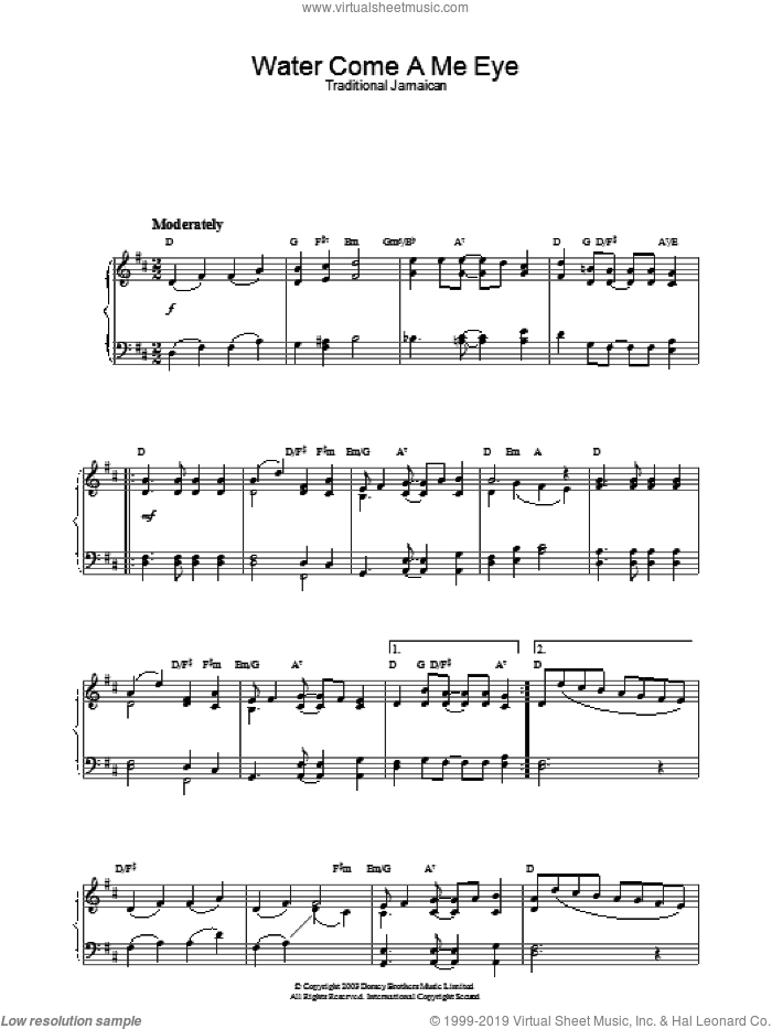 Water Come A Me Eye sheet music for piano solo, intermediate skill level