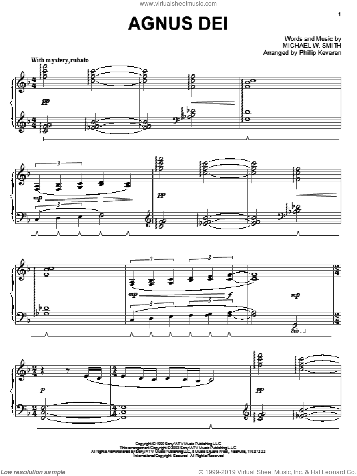 Agnus Dei (arr. Phillip Keveren) sheet music for piano solo by Michael W. Smith and Phillip Keveren, intermediate skill level