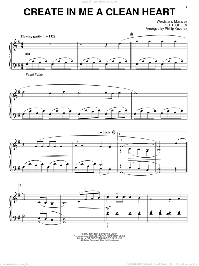 Create In Me A Clean Heart (arr. Phillip Keveren) sheet music for piano solo by Keith Green and Phillip Keveren, intermediate skill level