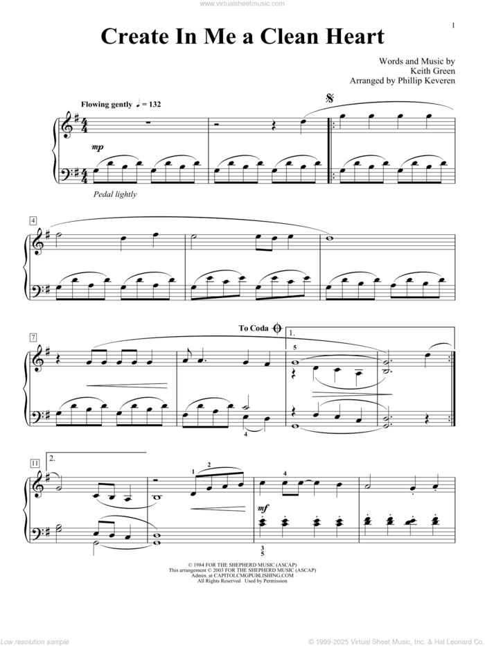 Create In Me A Clean Heart (arr. Phillip Keveren) sheet music for piano solo by Keith Green and Phillip Keveren, intermediate skill level