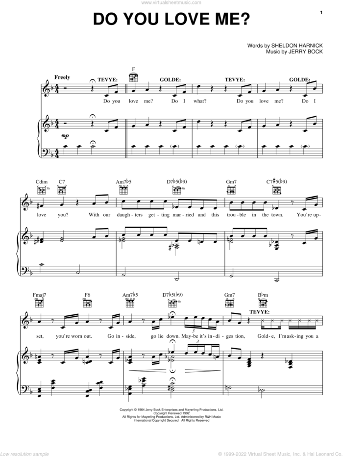 Do You Love Me? sheet music for voice, piano or guitar by Bock & Harnick, Fiddler On The Roof (Musical), Jerry Bock and Sheldon Harnick, intermediate skill level