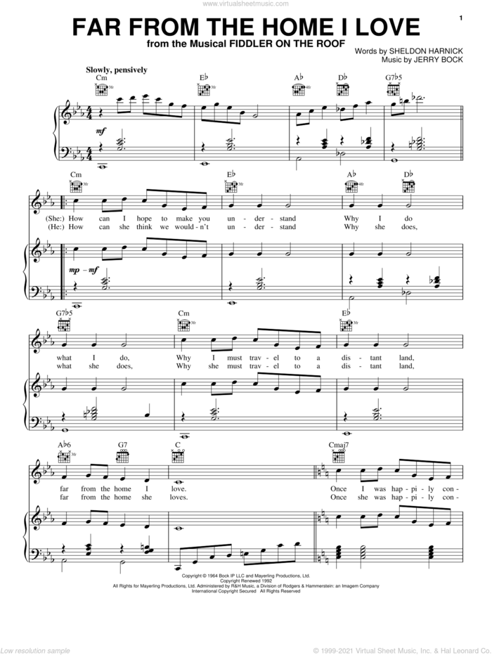 Far From The Home I Love sheet music for voice, piano or guitar by Bock & Harnick, Fiddler On The Roof (Musical), Jerry Bock and Sheldon Harnick, intermediate skill level