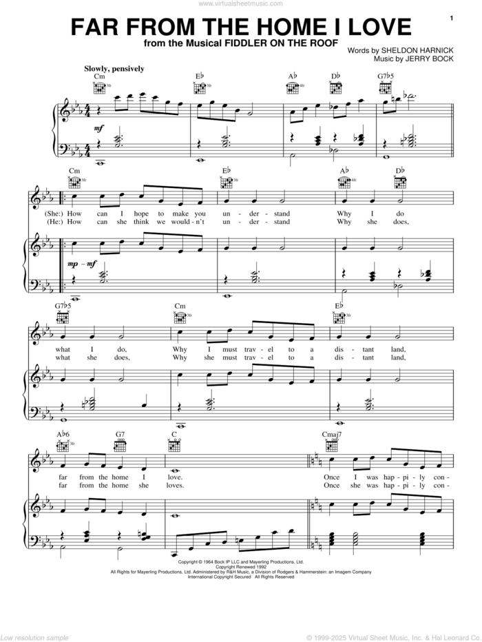 Far From The Home I Love sheet music for voice, piano or guitar by Bock & Harnick, Fiddler On The Roof (Musical), Jerry Bock and Sheldon Harnick, intermediate skill level