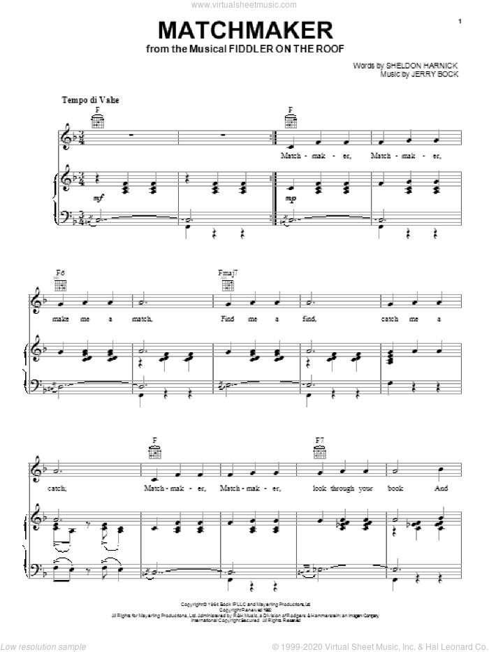 Matchmaker (from Fiddler On The Roof) sheet music for voice, piano or guitar by Bock & Harnick, Fiddler On The Roof (Musical), Jerry Bock and Sheldon Harnick, intermediate skill level