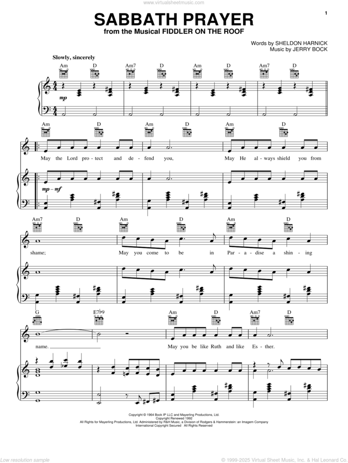 Sabbath Prayer sheet music for voice, piano or guitar by Bock & Harnick, Fiddler On The Roof (Musical), Jerry Bock and Sheldon Harnick, intermediate skill level