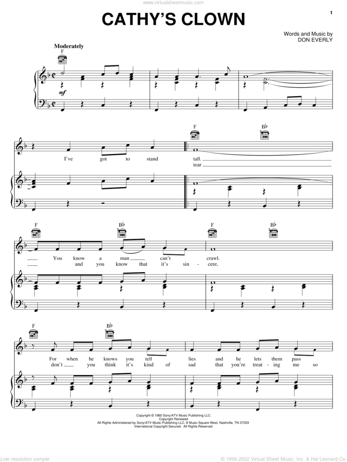 Cathy's Clown sheet music for voice, piano or guitar by Everly Brothers, Reba McEntire and Don Everly, intermediate skill level