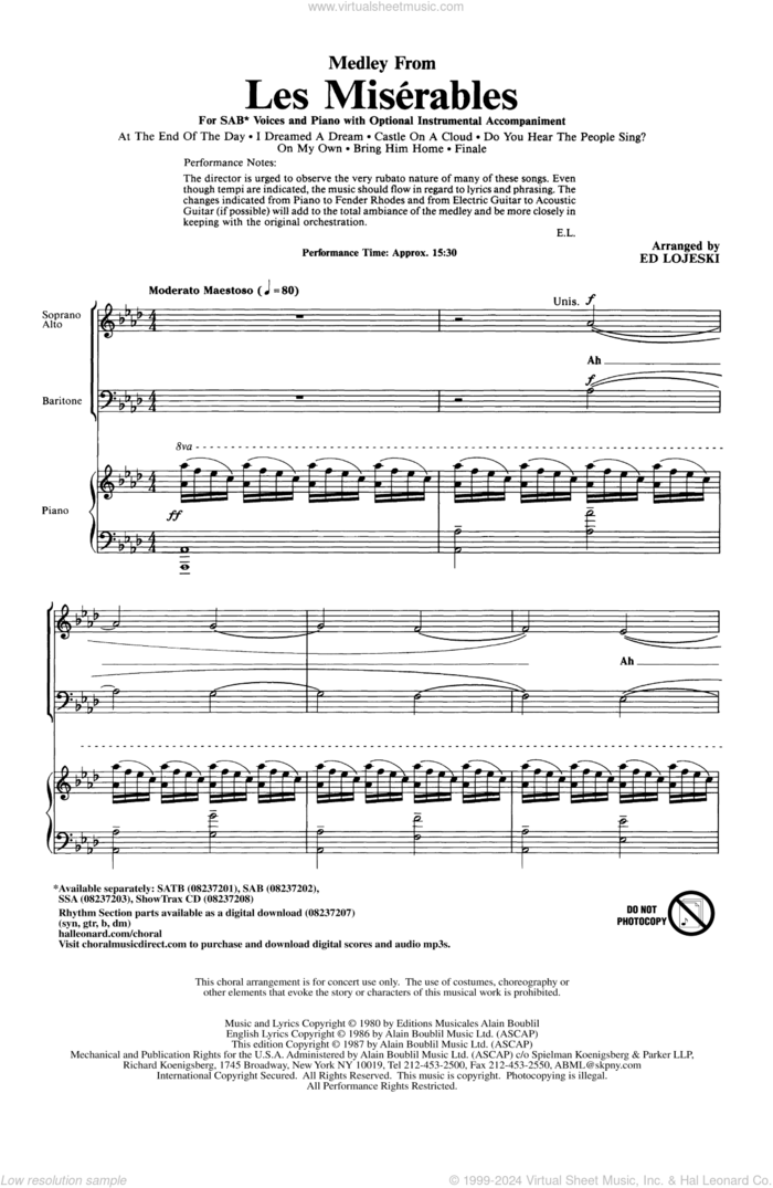 Les Miserables (Choral Medley) (arr. Ed Lojeski) sheet music for choir (SAB: soprano, alto, bass) by Boublil and Schonberg, Alain Boublil, Claude-Michel Schonberg, Herbert Kretzmer, Jean-Marc Natel and Ed Lojeski, intermediate skill level