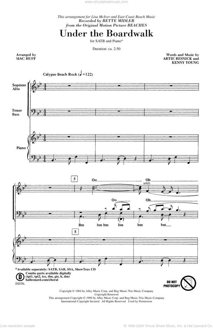 Under The Boardwalk sheet music for choir (SATB: soprano, alto, tenor, bass) by Kenny Young, Artie Resnick, Bette Midler, Mac Huff and The Drifters, intermediate skill level