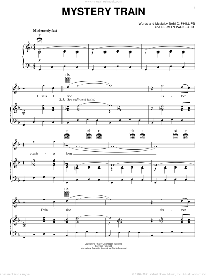 Mystery Train sheet music for voice, piano or guitar by Elvis Presley, Herman Parker Jr and Sam C. Phillips, intermediate skill level