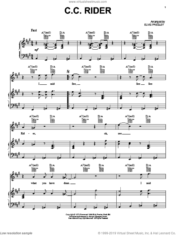 C.C. Rider sheet music for voice, piano or guitar by Elvis Presley, intermediate skill level