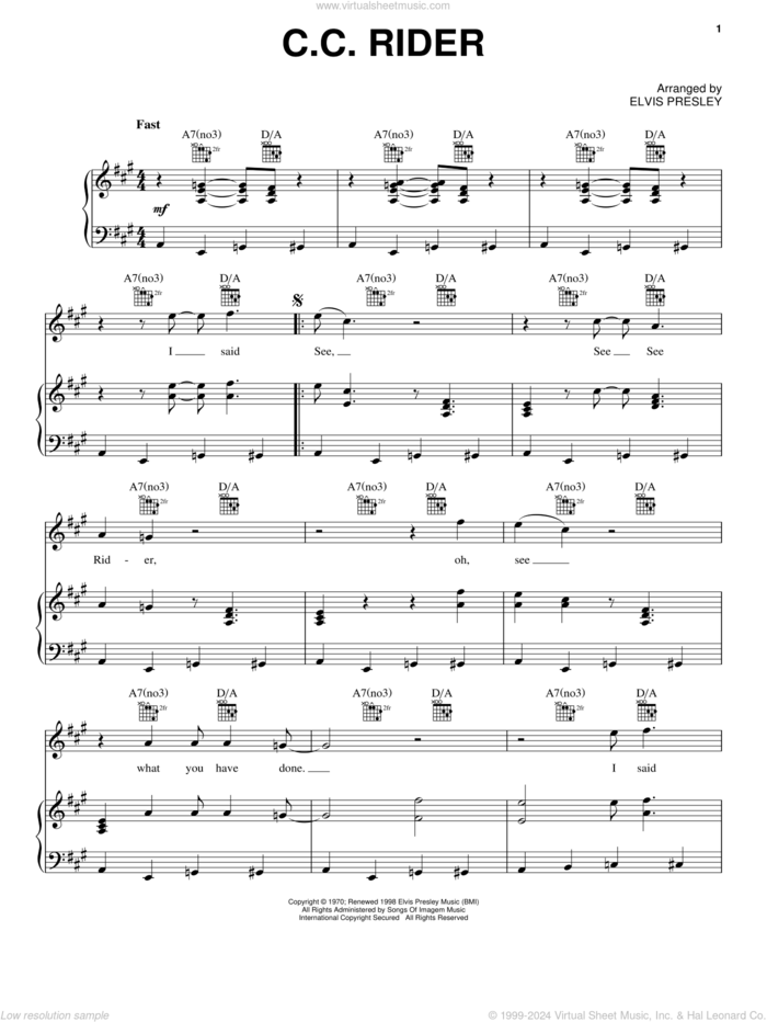 C.C. Rider sheet music for voice, piano or guitar by Elvis Presley, intermediate skill level