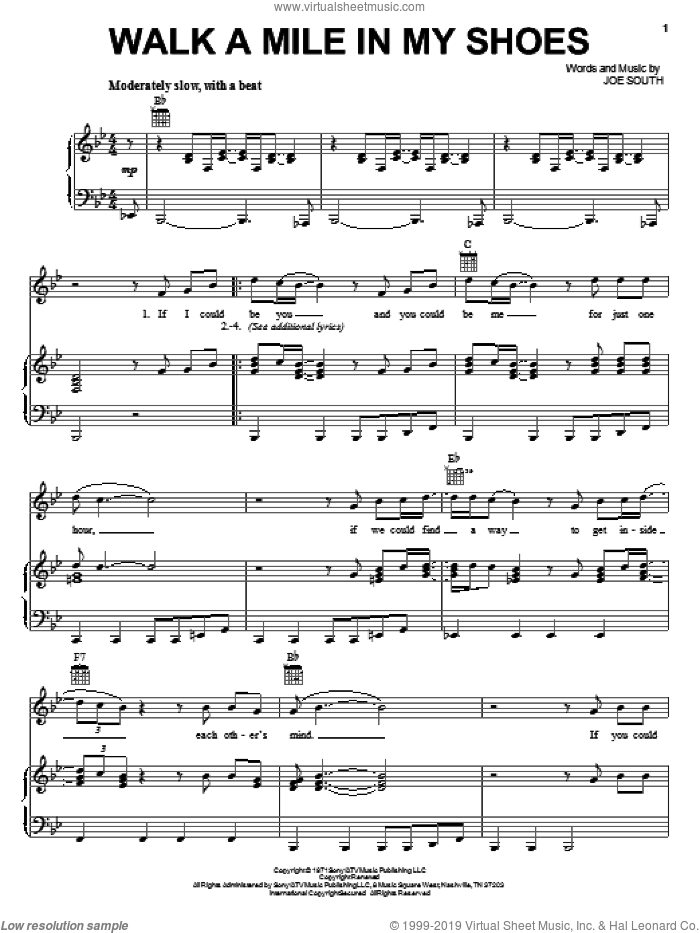 Walk A Mile In My Shoes sheet music for voice, piano or guitar by Elvis Presley and Joe South, intermediate skill level