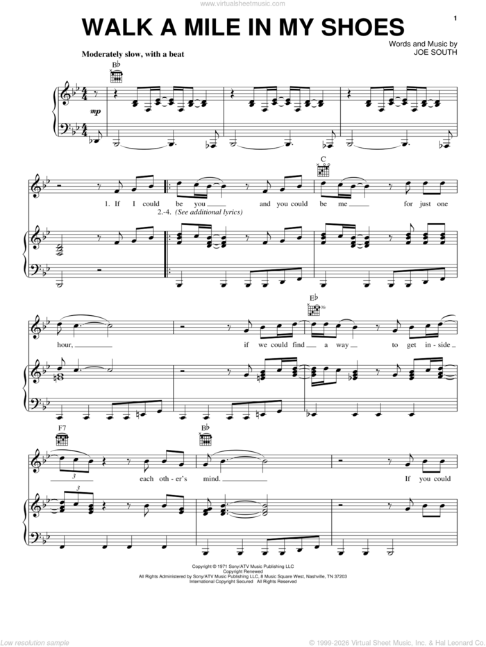 Walk A Mile In My Shoes sheet music for voice, piano or guitar by Elvis Presley and Joe South, intermediate skill level