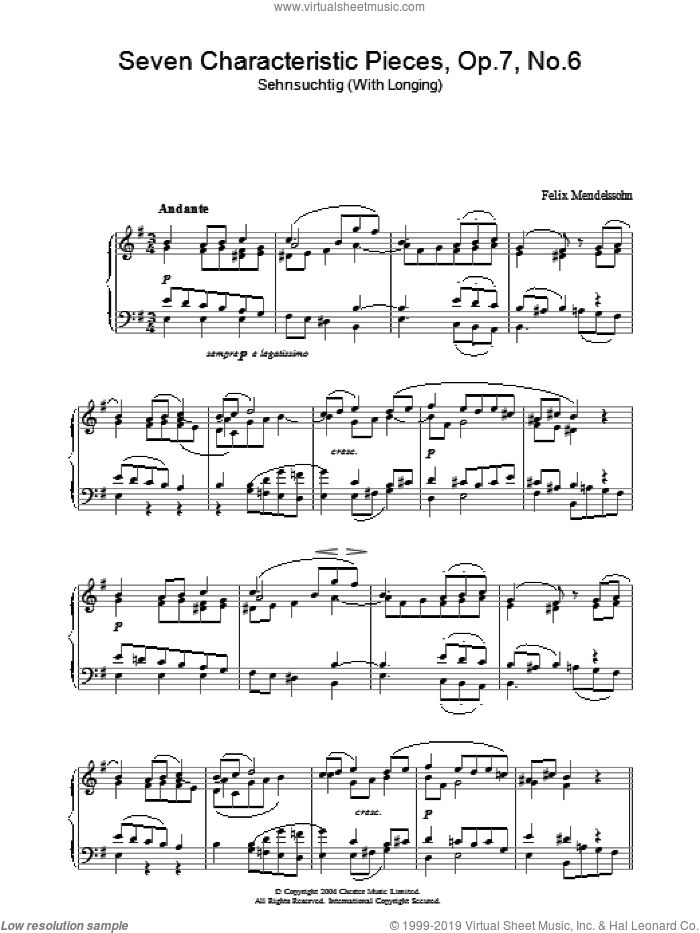 Seven Characteristic Pieces, Op.7, No.6 sheet music for piano solo by Felix Mendelssohn-Bartholdy, classical score, intermediate skill level