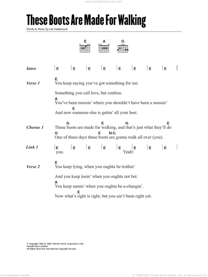 These Boots Are Made For Walking sheet music for guitar (chords) by Nancy Sinatra and Lee Hazlewood, intermediate skill level