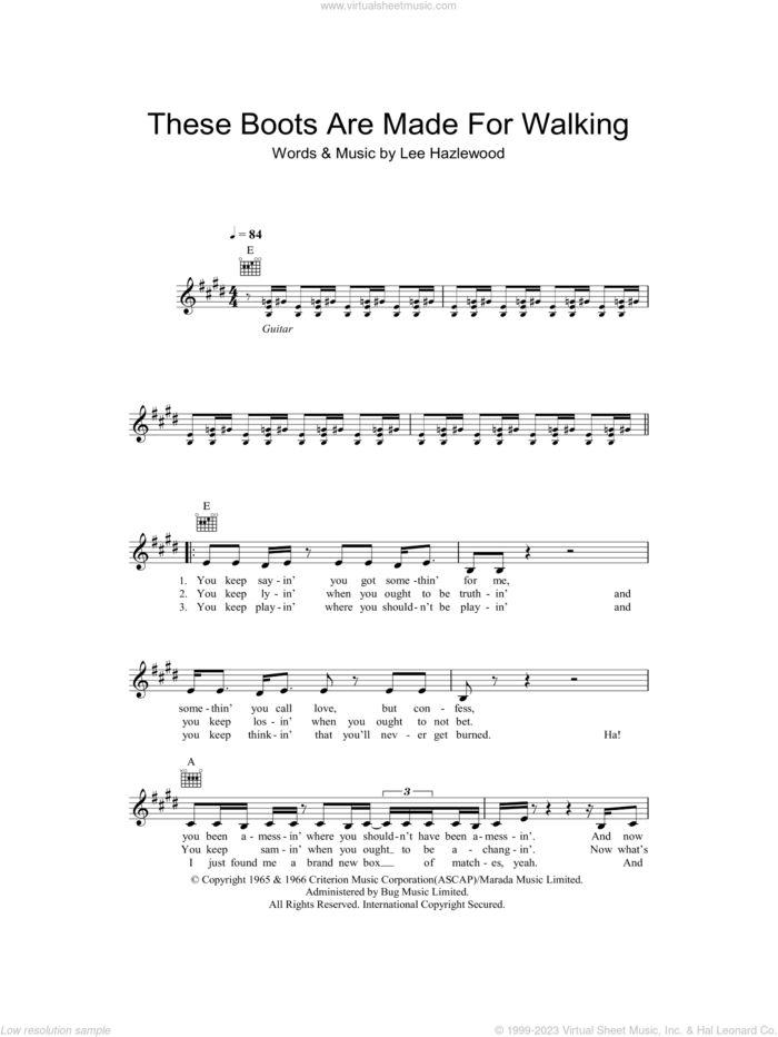 These Boots Are Made For Walking sheet music for voice and other instruments (fake book) by Nancy Sinatra and Lee Hazlewood, intermediate skill level