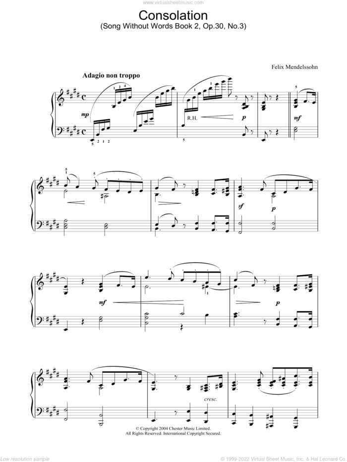 Consolation sheet music for piano solo by Felix Mendelssohn-Bartholdy, classical score, intermediate skill level