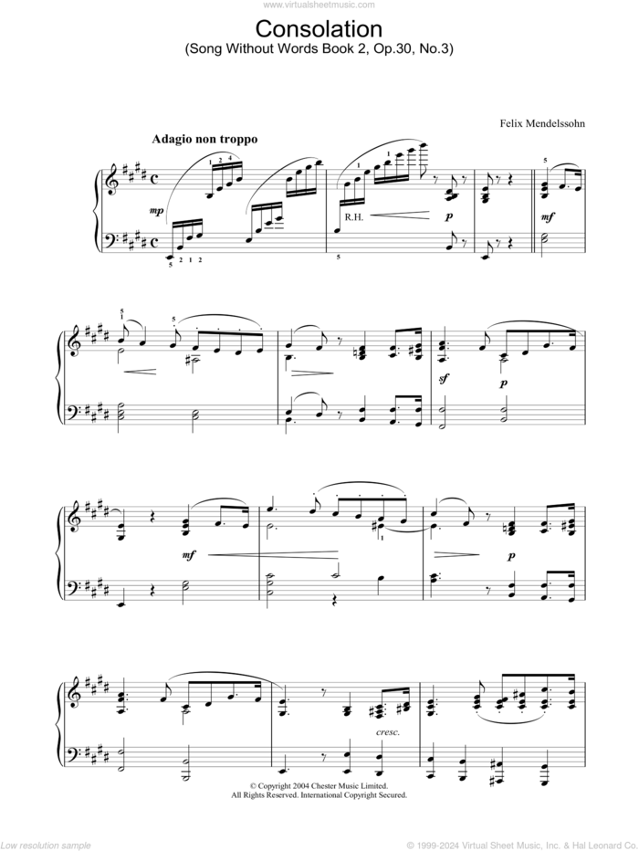 Consolation sheet music for piano solo by Felix Mendelssohn-Bartholdy, classical score, intermediate skill level