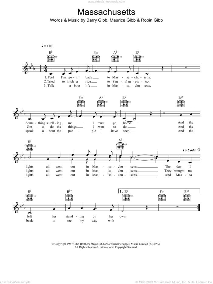 Massachusetts (The Lights Went Out) sheet music for voice and other instruments (fake book) by Bee Gees, Barry Gibb, Maurice Gibb and Robin Gibb, intermediate skill level