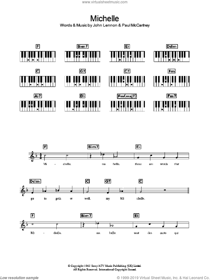 Michelle sheet music for piano solo (chords, lyrics, melody) by The Beatles, John Lennon and Paul McCartney, intermediate piano (chords, lyrics, melody)