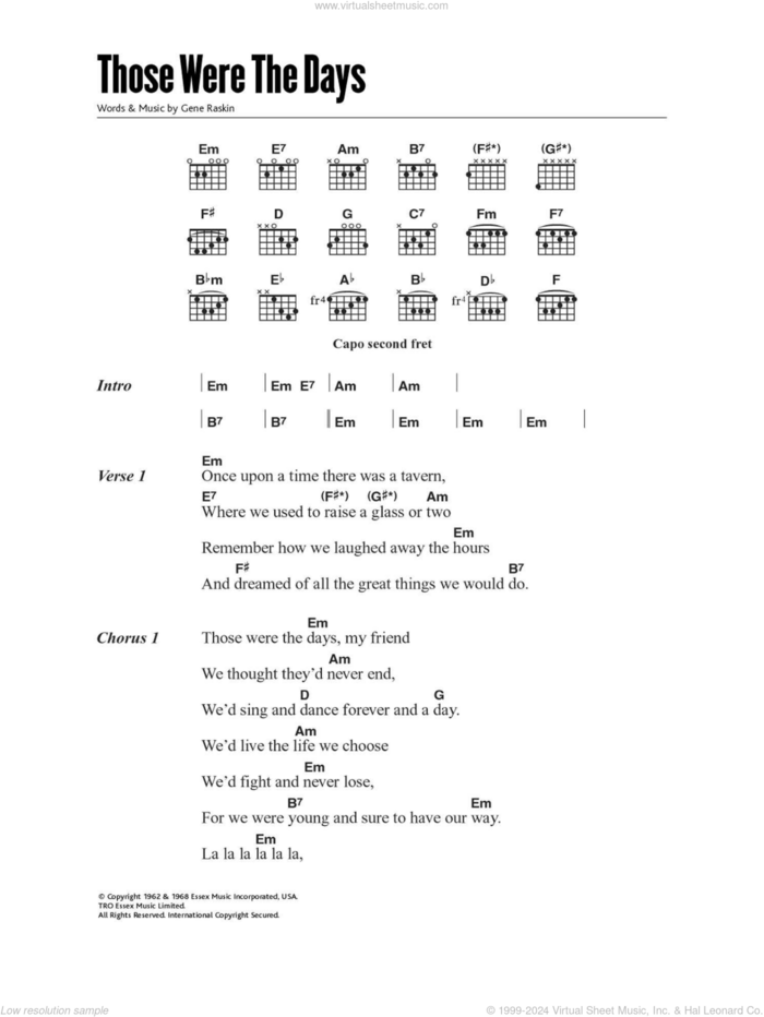 Those Were The Days sheet music for guitar (chords) by Mary Hopkin and Gene Raskin, intermediate skill level