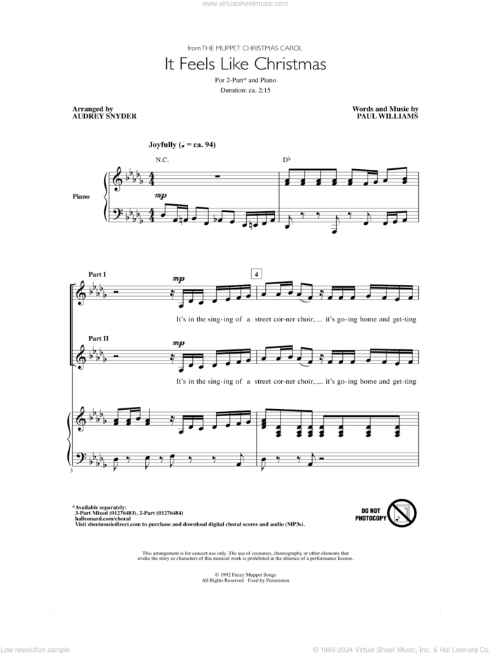 It Feels Like Christmas (from The Muppet Christmas Carol) (arr. Audrey Snyder) sheet music for choir (2-Part) by Paul Williams and Audrey Snyder, intermediate duet