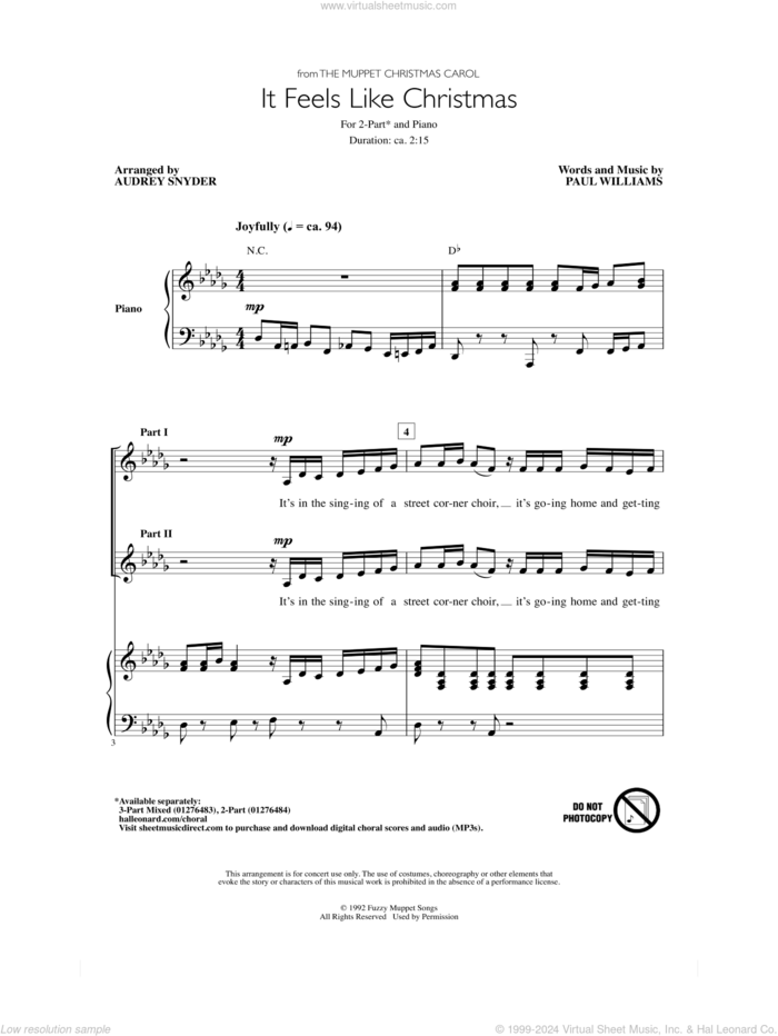 It Feels Like Christmas (from The Muppet Christmas Carol) (arr. Audrey Snyder) sheet music for choir (2-Part) by Paul Williams and Audrey Snyder, intermediate duet