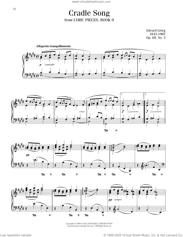 Cradle Song, Op. 68, No. 5 sheet music for piano solo by Edvard Grieg, classical score, intermediate skill level