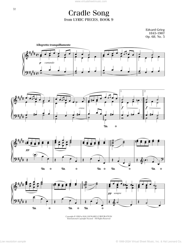 Cradle Song, Op. 68, No. 5 sheet music for piano solo by Edvard Grieg, classical score, intermediate skill level