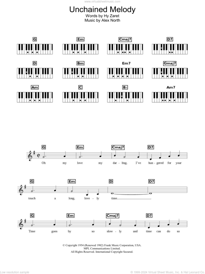 Unchained Melody sheet music for piano solo (chords, lyrics, melody) by The Righteous Brothers, Alex North and Hy Zaret, wedding score, intermediate piano (chords, lyrics, melody)