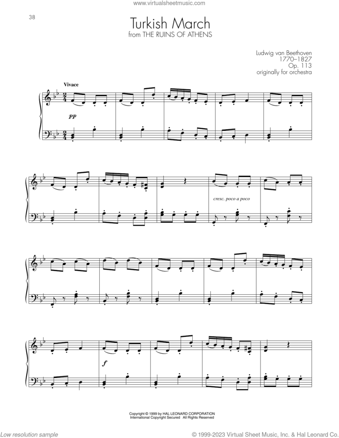 Turkish March sheet music for piano solo by Ludwig van Beethoven, classical score, intermediate skill level