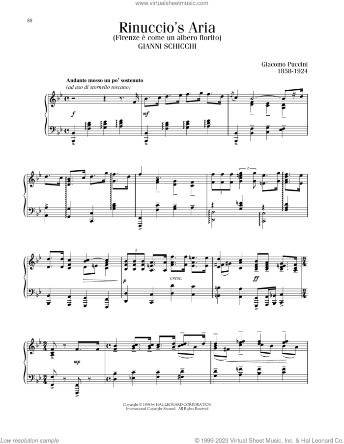 Rinuccio's Aria (Firenze E Come Un Alberto Fiorito) sheet music for piano solo by Giacomo Puccini, classical score, intermediate skill level