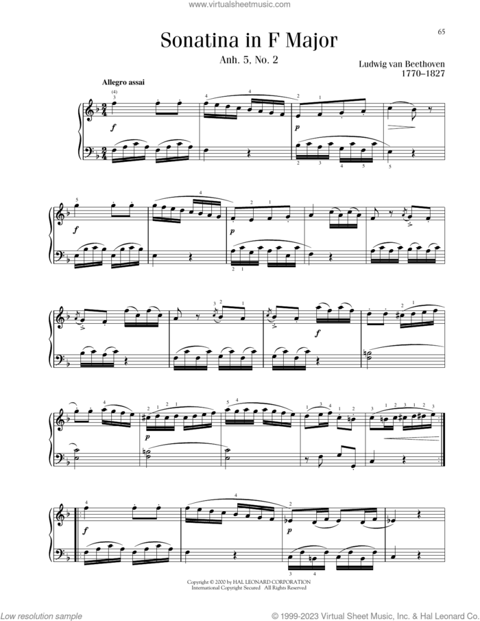 Sonatina In F Major, Anh. 5, No. 2 sheet music for piano solo by Ludwig van Beethoven, classical score, intermediate skill level