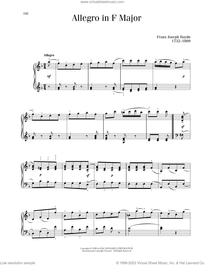 Allegro In F Major sheet music for piano solo by Franz Joseph Haydn, classical score, intermediate skill level