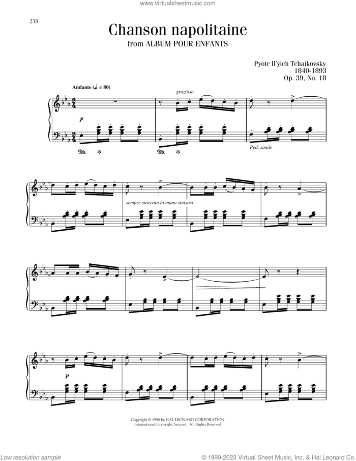 Chanson Napolitaine sheet music for piano solo by Pyotr Ilyich Tchaikovsky, Blake Neely and Richard Walters, classical score, intermediate skill level