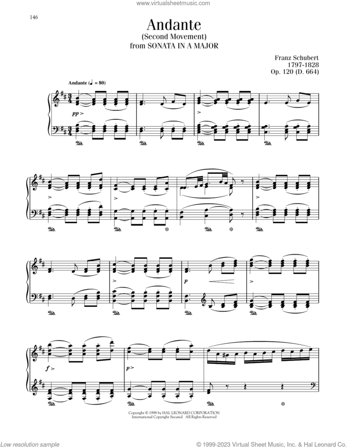 Andante, Op. 120, D. 664, Second Movement sheet music for piano solo by Franz Schubert, Blake Neely and Richard Walters, classical score, intermediate skill level