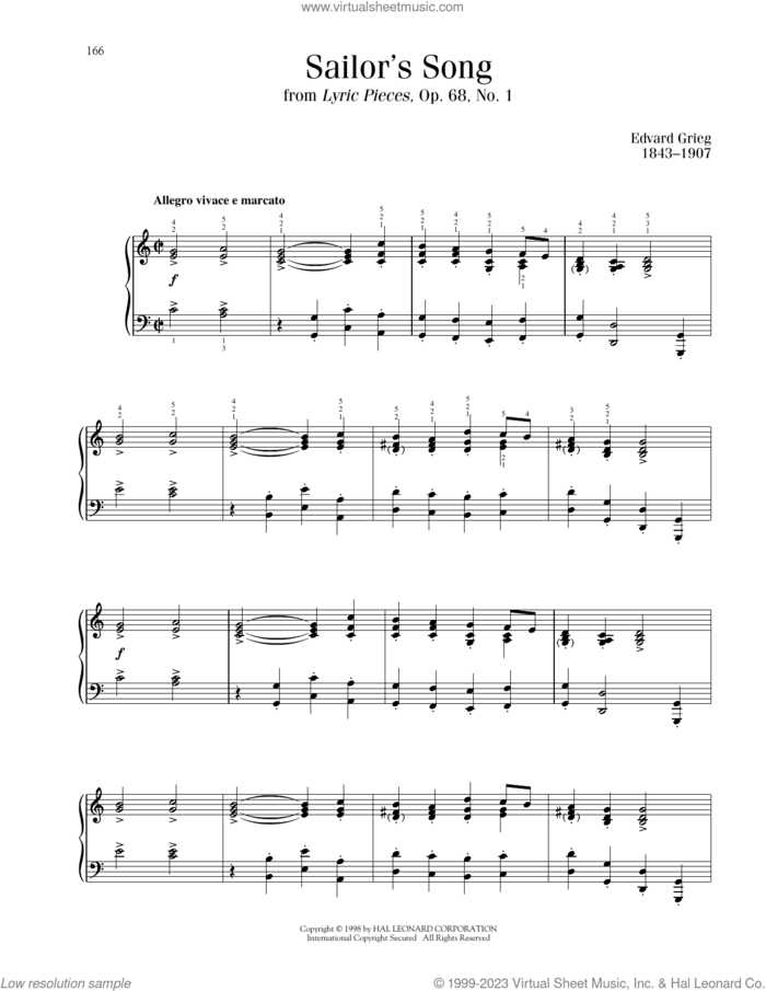 Sailor's Song, Op. 68, No. 1 sheet music for piano solo by Edvard Grieg, classical score, intermediate skill level