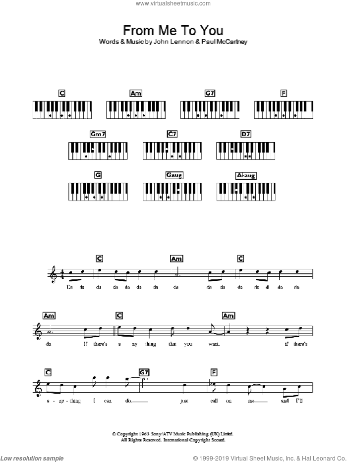 From Me To You sheet music for piano solo (chords, lyrics, melody) by The Beatles, John Lennon and Paul McCartney, intermediate piano (chords, lyrics, melody)