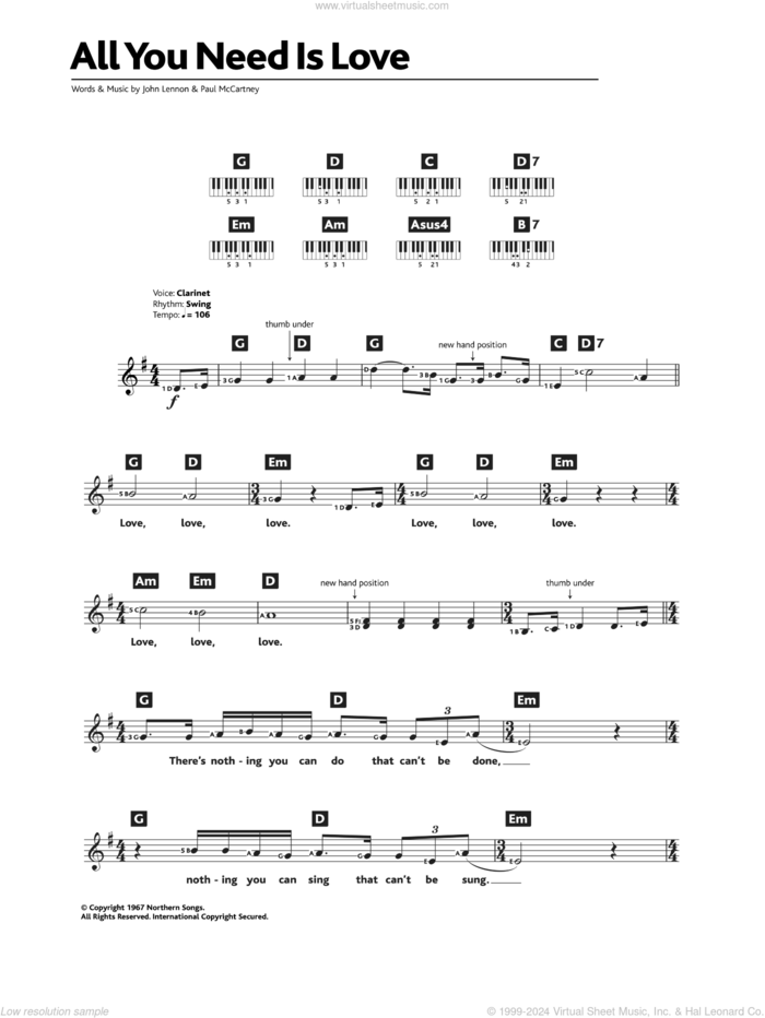 All You Need Is Love sheet music for piano solo (chords, lyrics, melody) by The Beatles, John Lennon and Paul McCartney, wedding score, intermediate piano (chords, lyrics, melody)