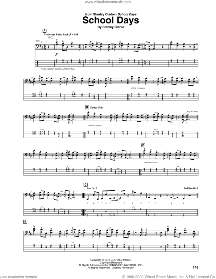 School Days sheet music for bass (tablature) (bass guitar) by Stanley Clarke, intermediate skill level