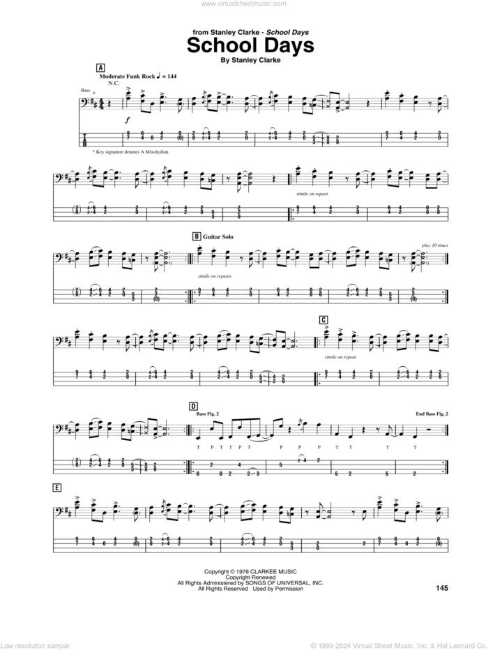 School Days sheet music for bass (tablature) (bass guitar) by Stanley Clarke, intermediate skill level