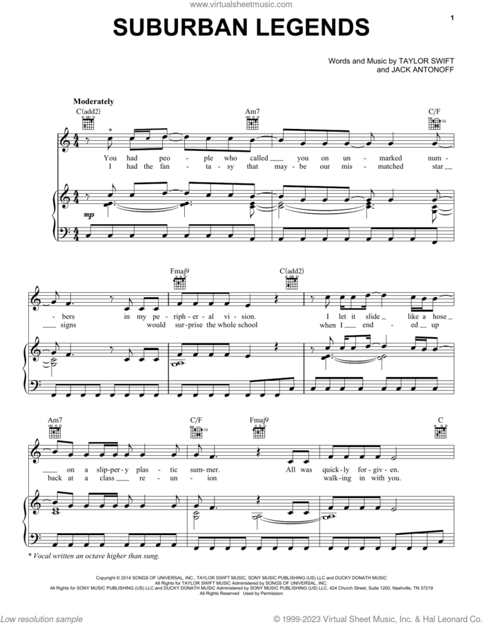 Suburban Legends (Taylor's Version) (From The Vault) sheet music for voice, piano or guitar by Taylor Swift and Jack Antonoff, intermediate skill level