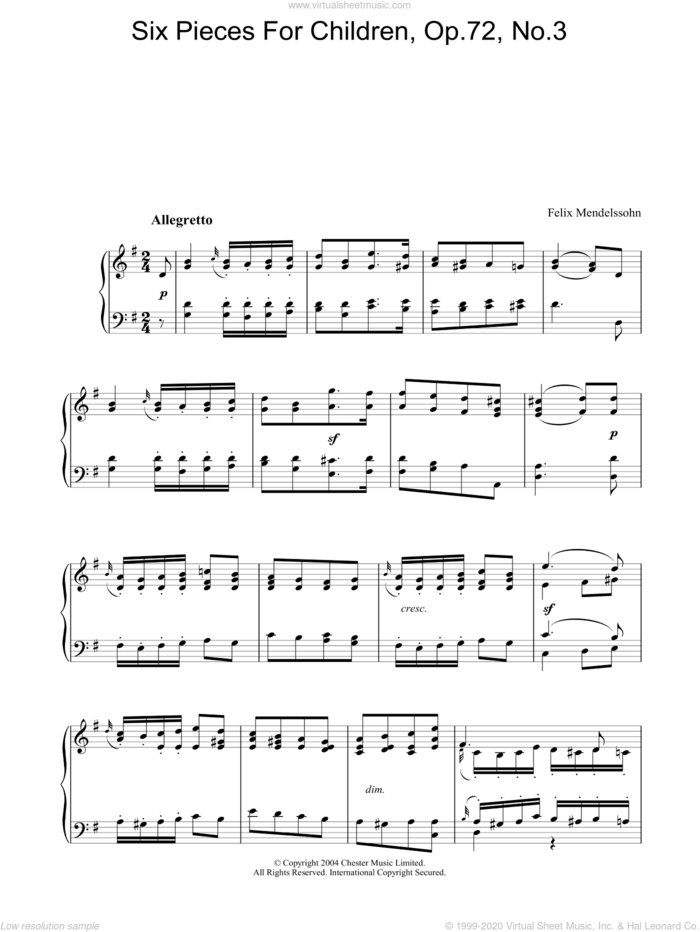 Six Pieces For Children, Op.72, No.3 sheet music for piano solo by Felix Mendelssohn-Bartholdy, classical score, intermediate skill level