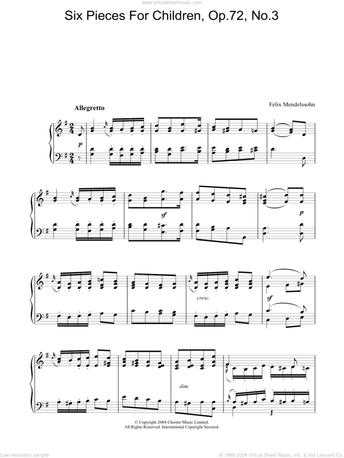 Six Pieces For Children, Op.72, No.3 sheet music for piano solo by Felix Mendelssohn-Bartholdy, classical score, intermediate skill level