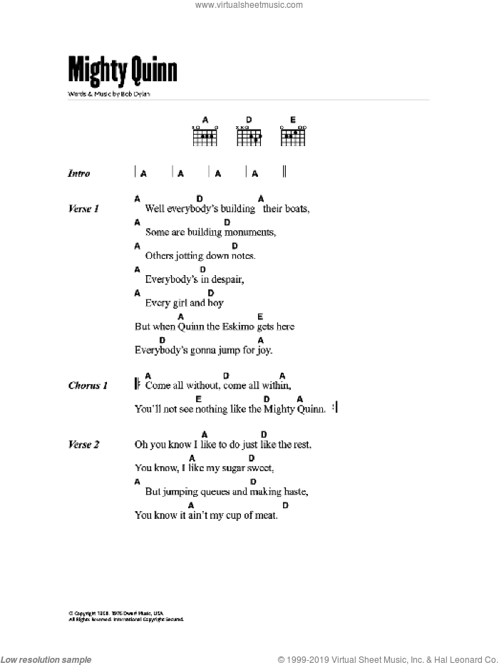Quinn The Eskimo (The Mighty Quinn) sheet music for guitar (chords) by Bob Dylan, intermediate skill level