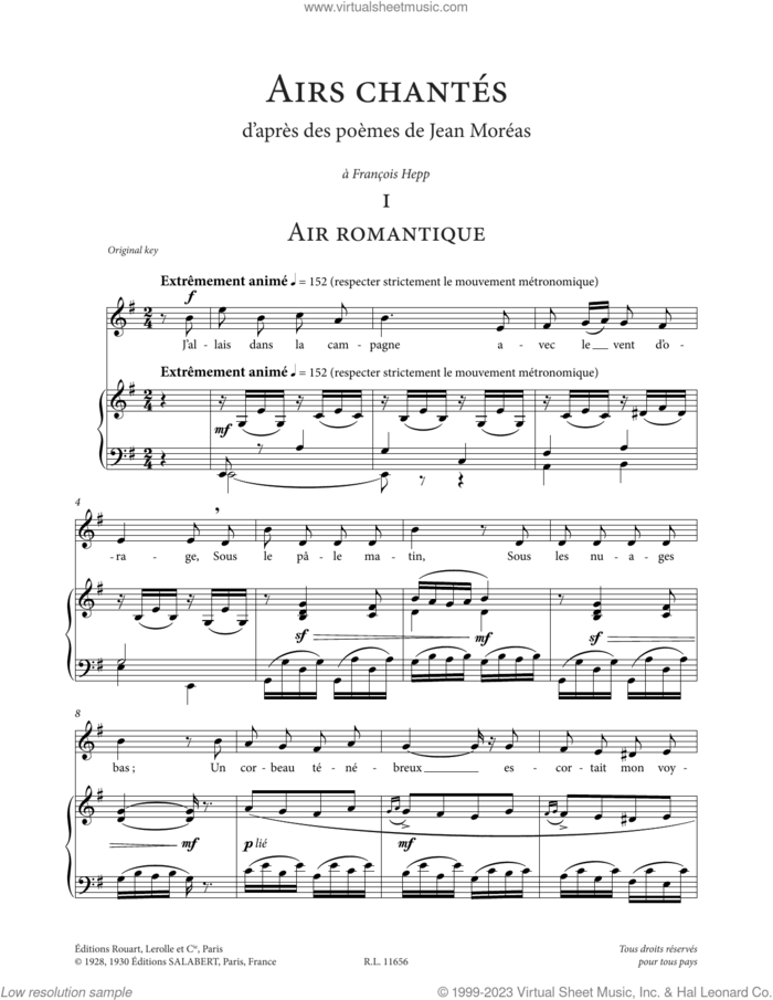 Airs chantes (Low Voice) sheet music for voice and piano (Low Voice) by Francis Poulenc and Jean Moreas, classical score, intermediate skill level