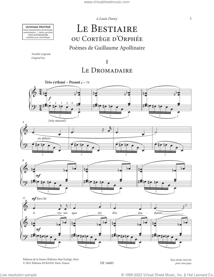 Le Bestiaire ou le Cortege d'Orphee (Low Voice) sheet music for voice and piano (Low Voice) by Francis Poulenc and Guillaume Apollinaire, classical score, intermediate skill level