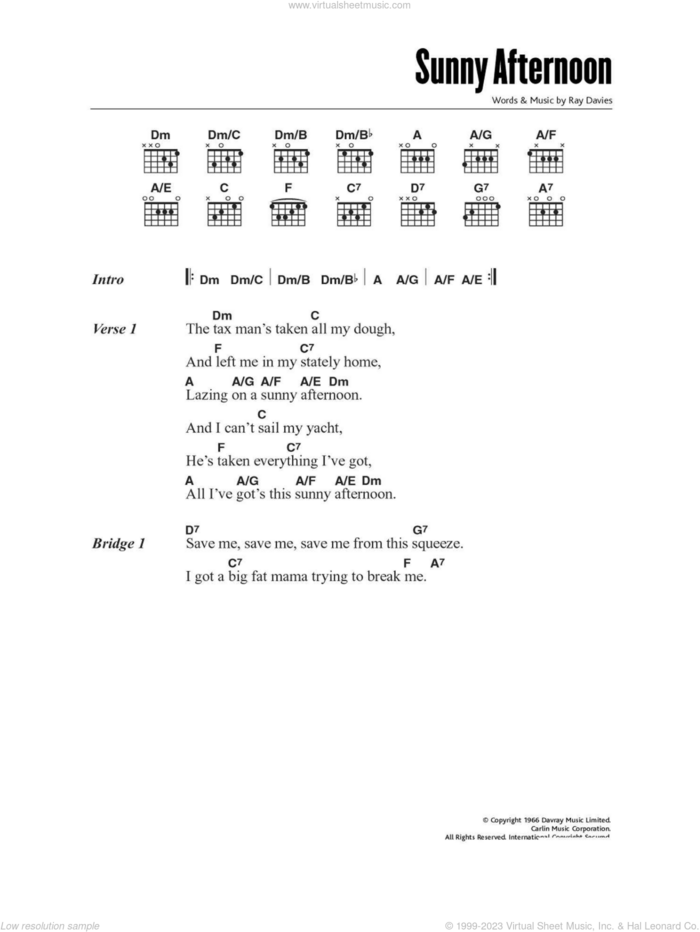 Sunny Afternoon sheet music for guitar (chords) by The Kinks and Ray Davies, intermediate skill level
